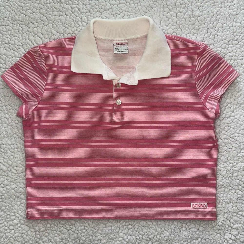 VTG BONGO pink white striped crop top polo baby tee 90s Y2K made in USA L